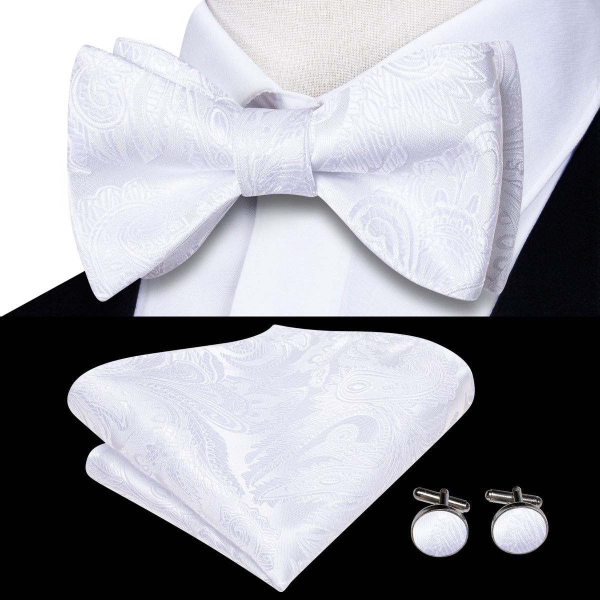Conjunto de gemelos y pañuelo de seda jacquard para hombre con lazo y nudo de mariposa