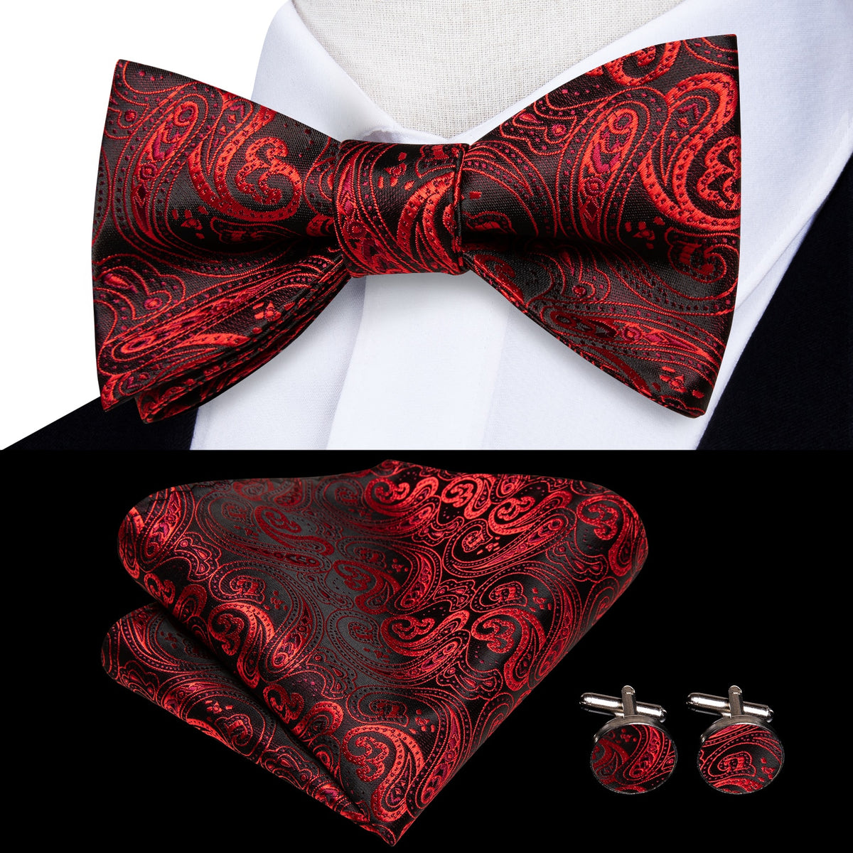 Conjunto de gemelos y pañuelo de seda jacquard para hombre con lazo y nudo de mariposa
