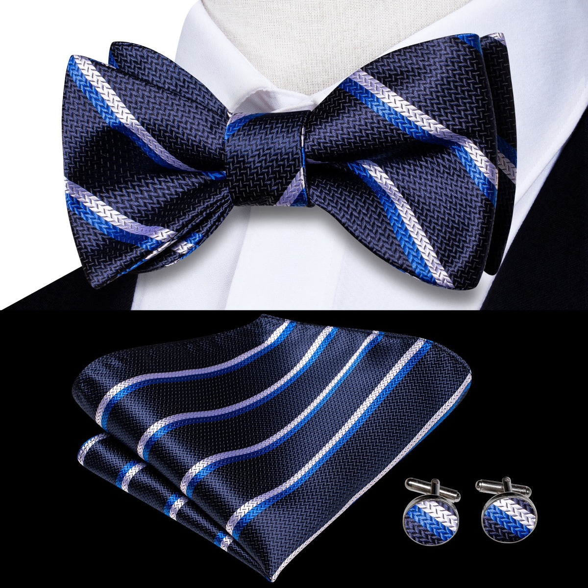Conjunto de gemelos y pañuelo de seda jacquard para hombre con lazo y nudo de mariposa