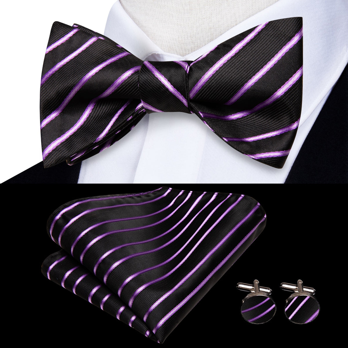 Conjunto de gemelos y pañuelo de seda jacquard para hombre con lazo y nudo de mariposa