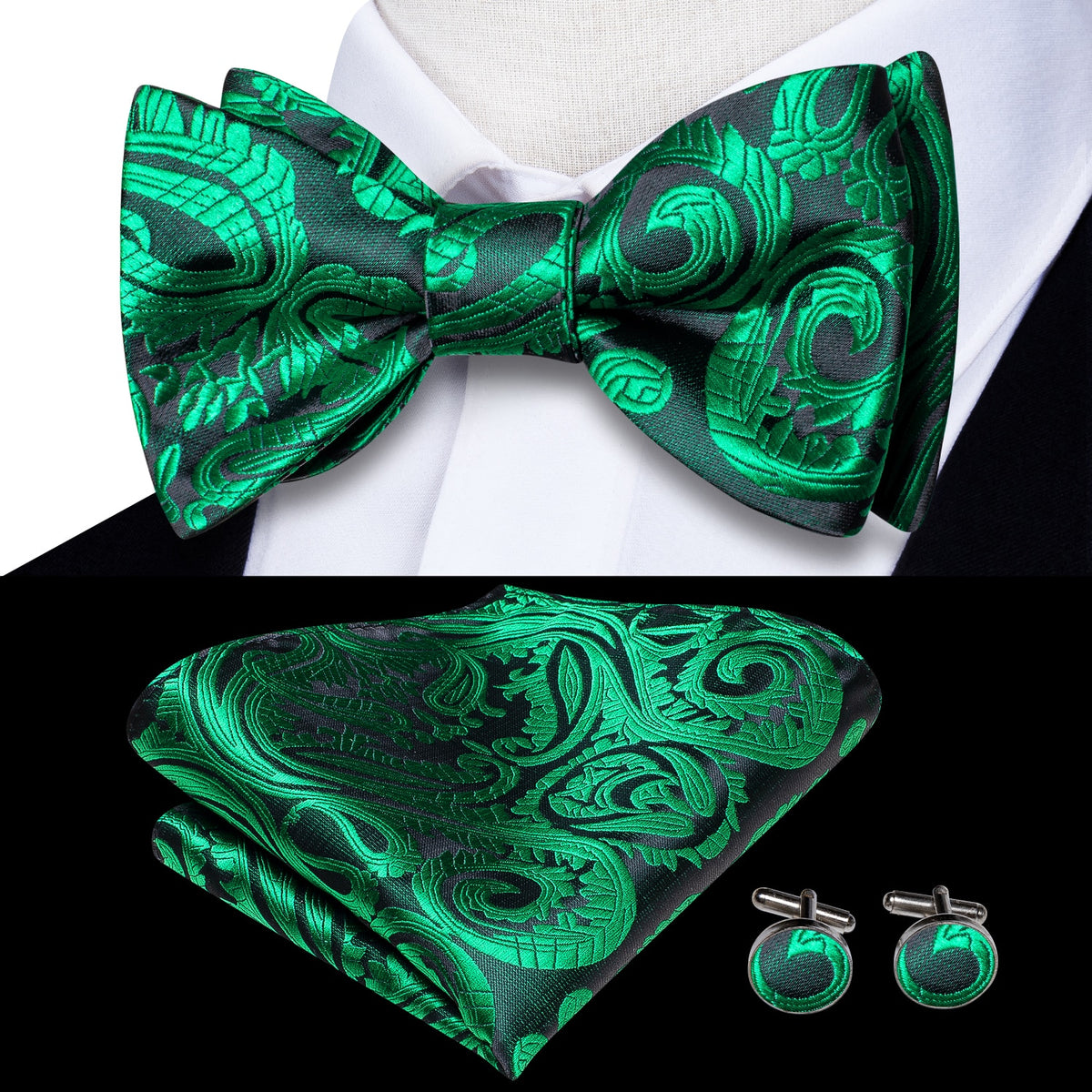 Conjunto de gemelos y pañuelo de seda jacquard para hombre con lazo y nudo de mariposa