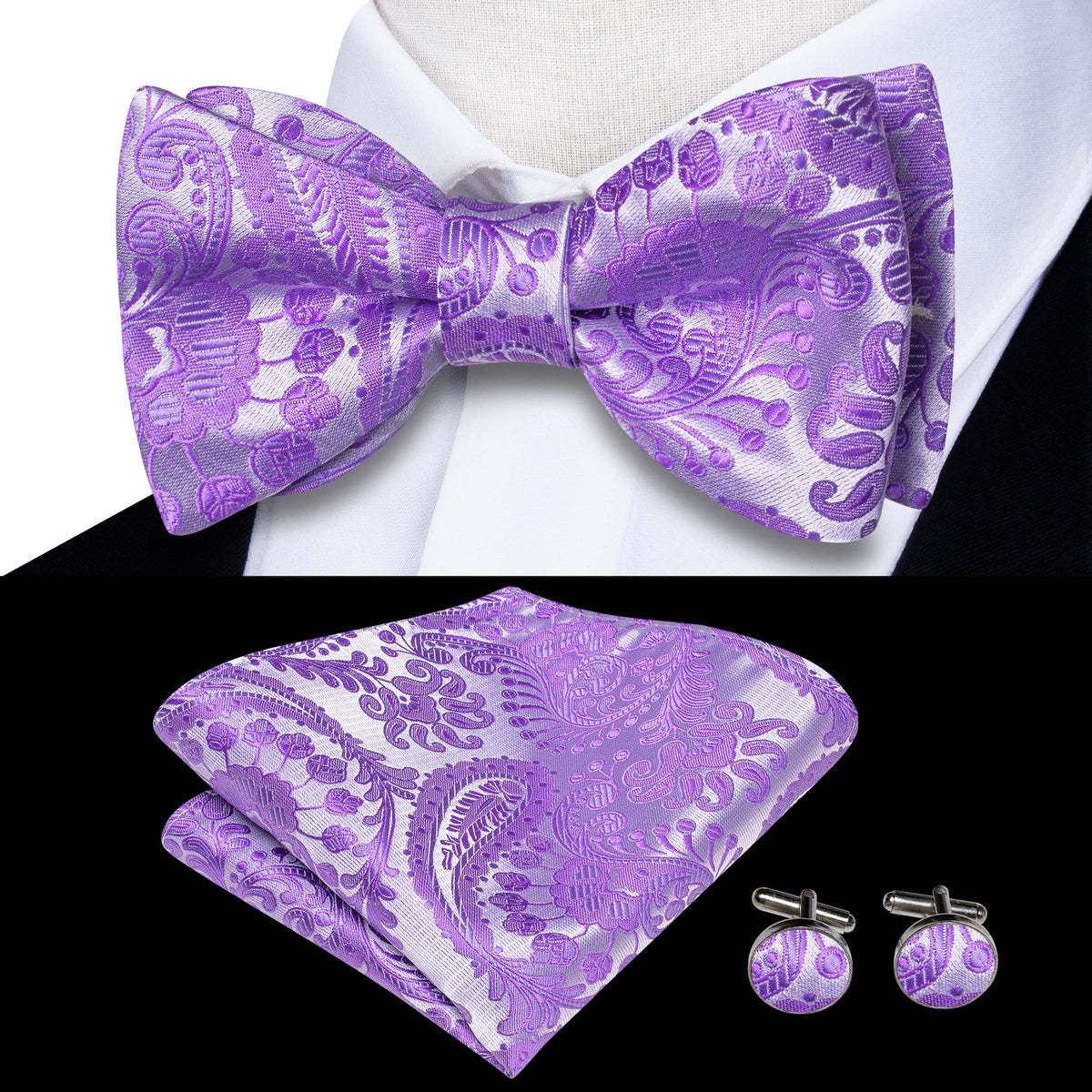 Conjunto de gemelos y pañuelo de seda jacquard para hombre con lazo y nudo de mariposa