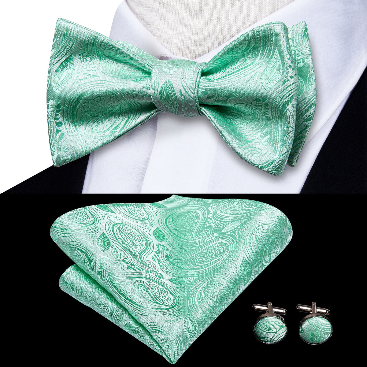 Conjunto de gemelos y pañuelo de seda jacquard para hombre con lazo y nudo de mariposa