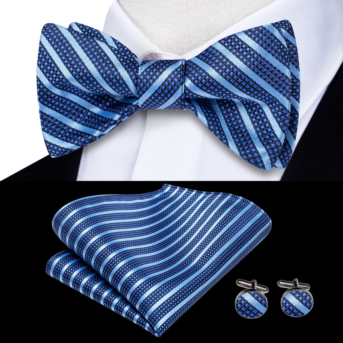 Conjunto de gemelos y pañuelo de seda jacquard para hombre con lazo y nudo de mariposa