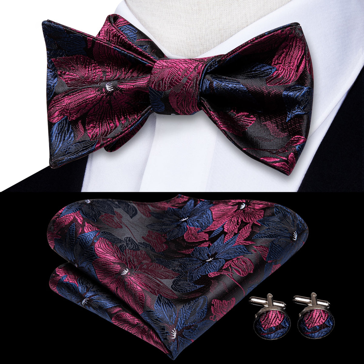 Conjunto de gemelos y pañuelo de seda jacquard para hombre con lazo y nudo de mariposa