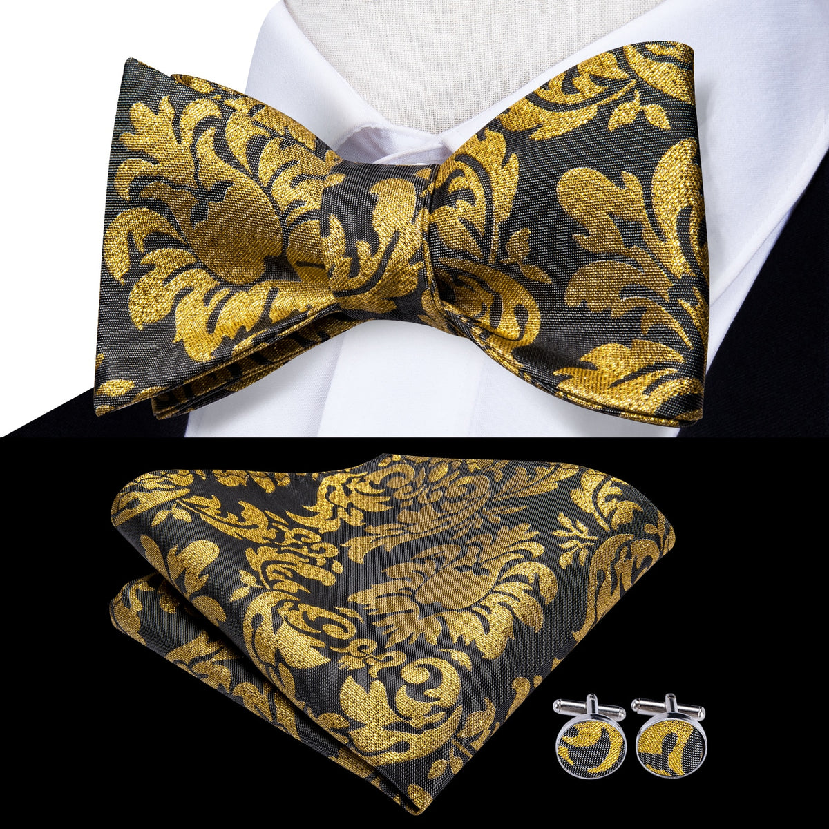 Conjunto de gemelos y pañuelo de seda jacquard para hombre con lazo y nudo de mariposa