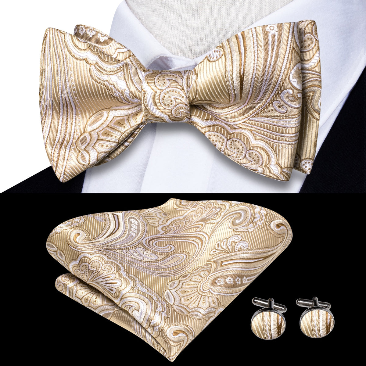 Conjunto de gemelos y pañuelo de seda jacquard para hombre con lazo y nudo de mariposa