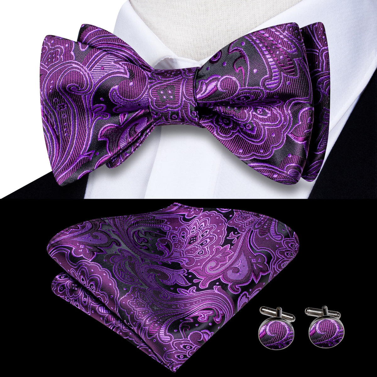 Conjunto de gemelos y pañuelo de seda jacquard para hombre con lazo y nudo de mariposa