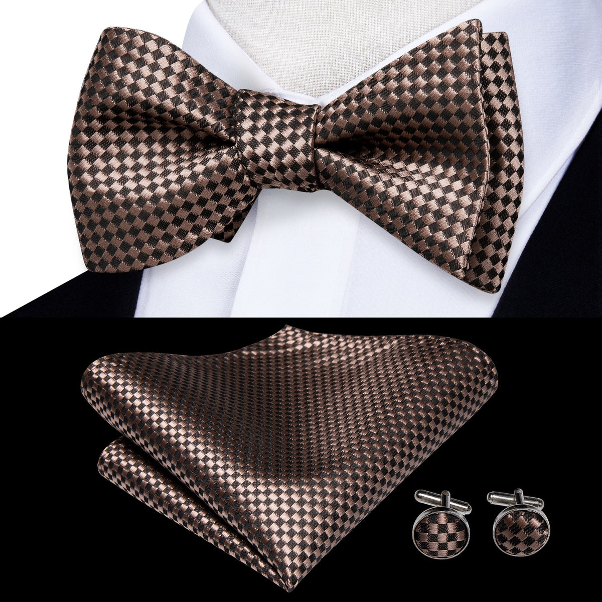 Conjunto de gemelos y pañuelo de seda jacquard para hombre con lazo y nudo de mariposa
