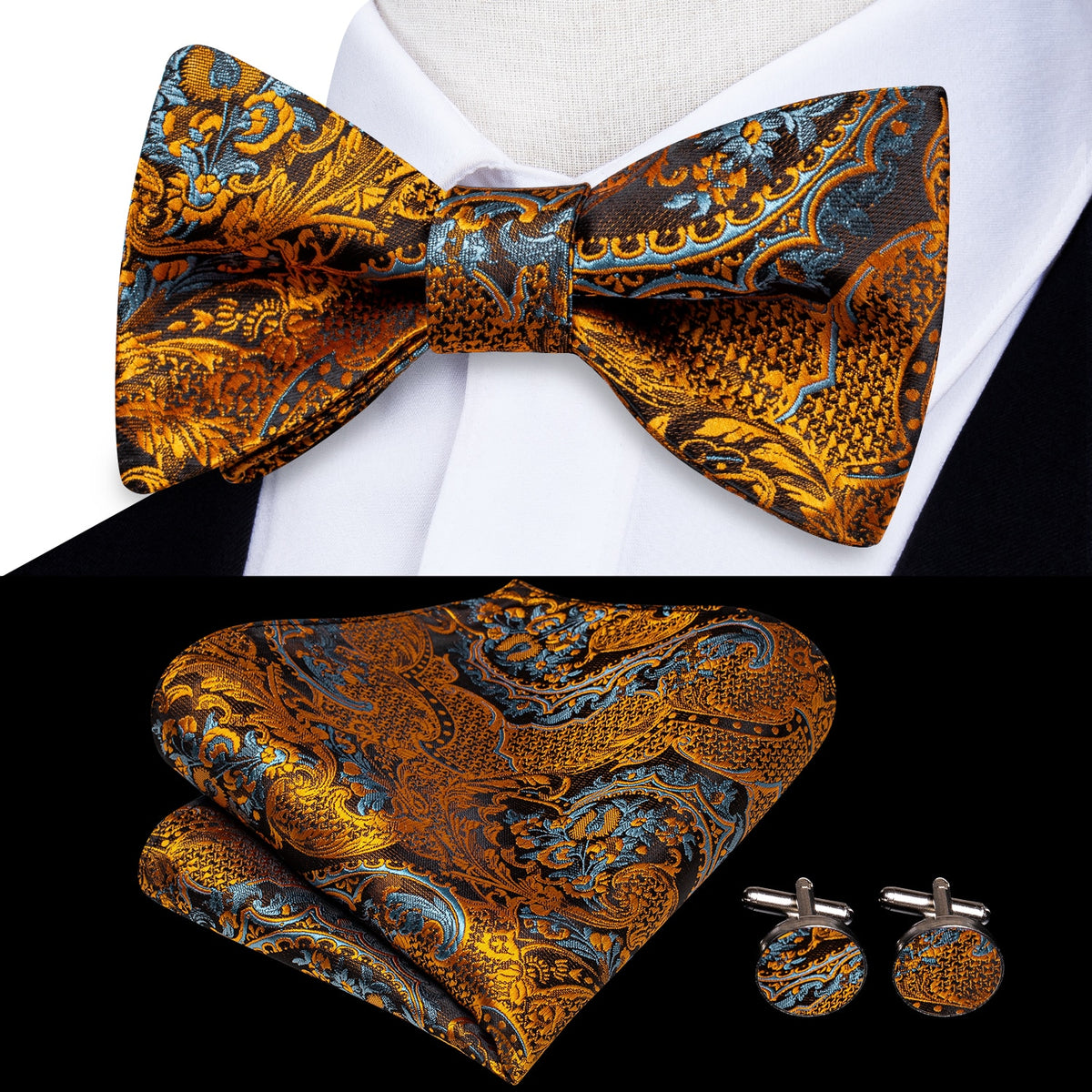 Conjunto de gemelos y pañuelo de seda jacquard para hombre con lazo y nudo de mariposa