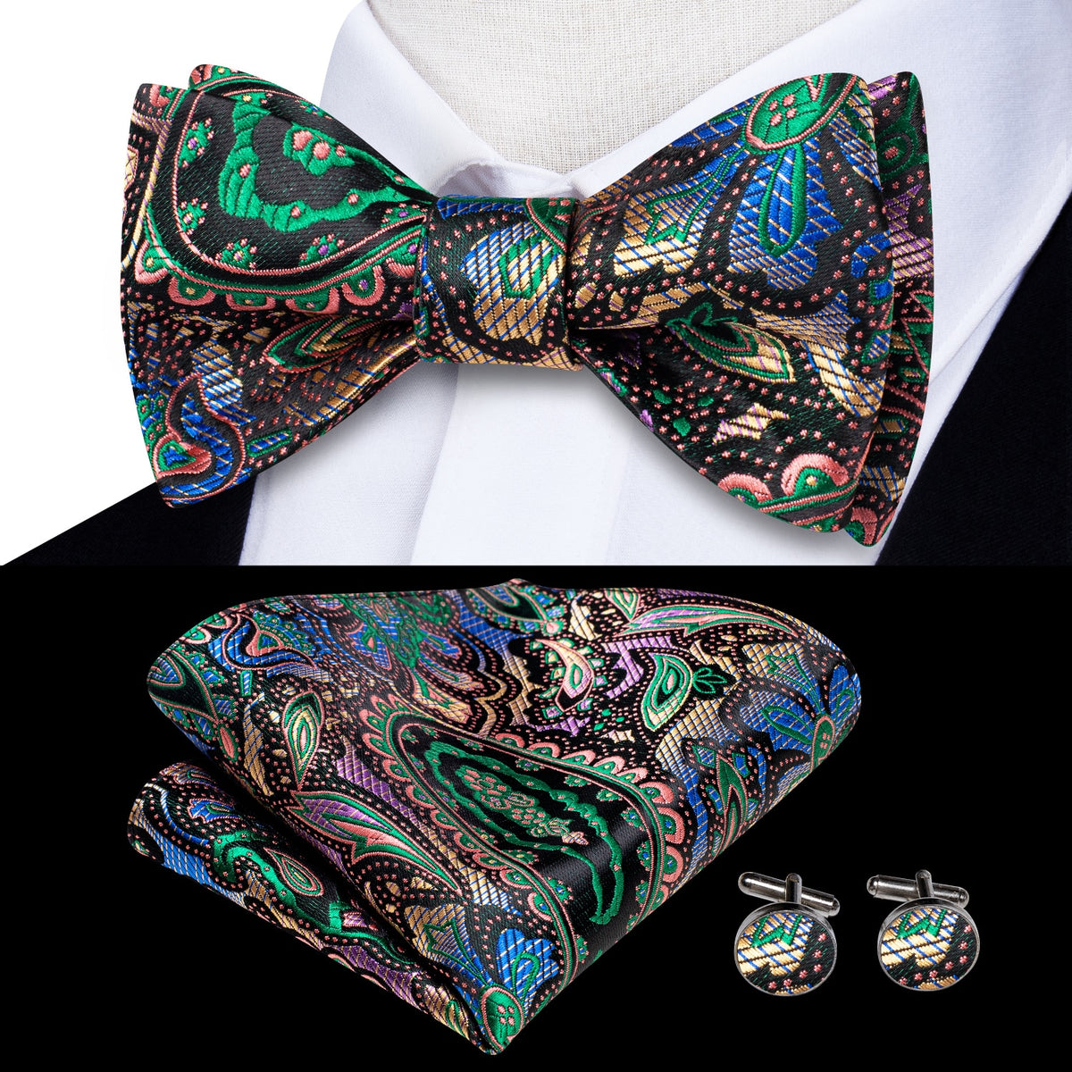 Conjunto de gemelos y pañuelo de seda jacquard para hombre con lazo y nudo de mariposa