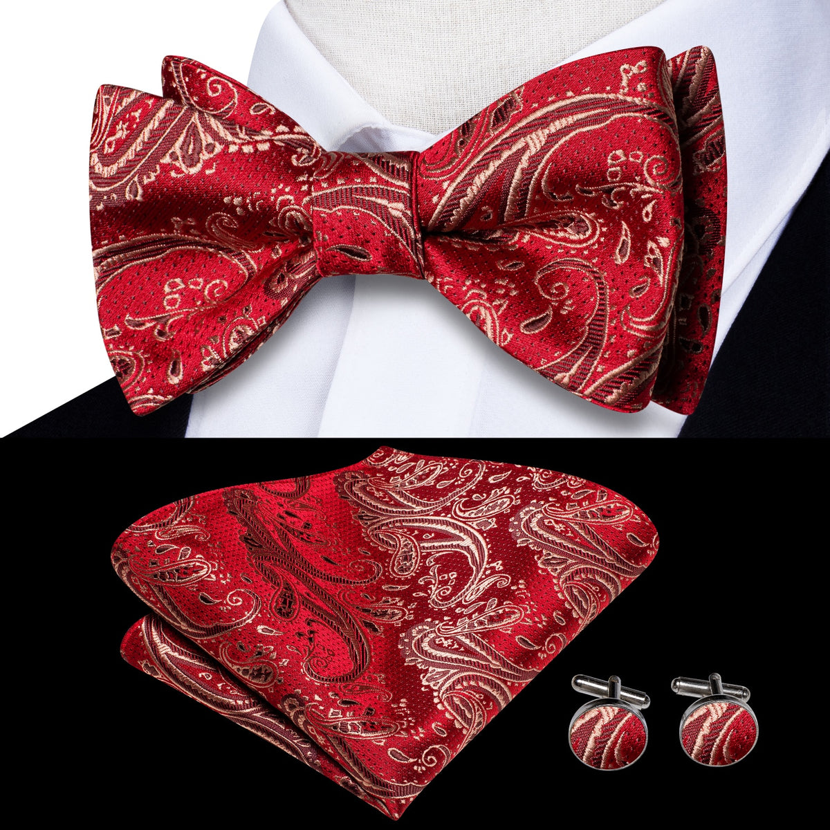 Conjunto de gemelos y pañuelo de seda jacquard para hombre con lazo y nudo de mariposa
