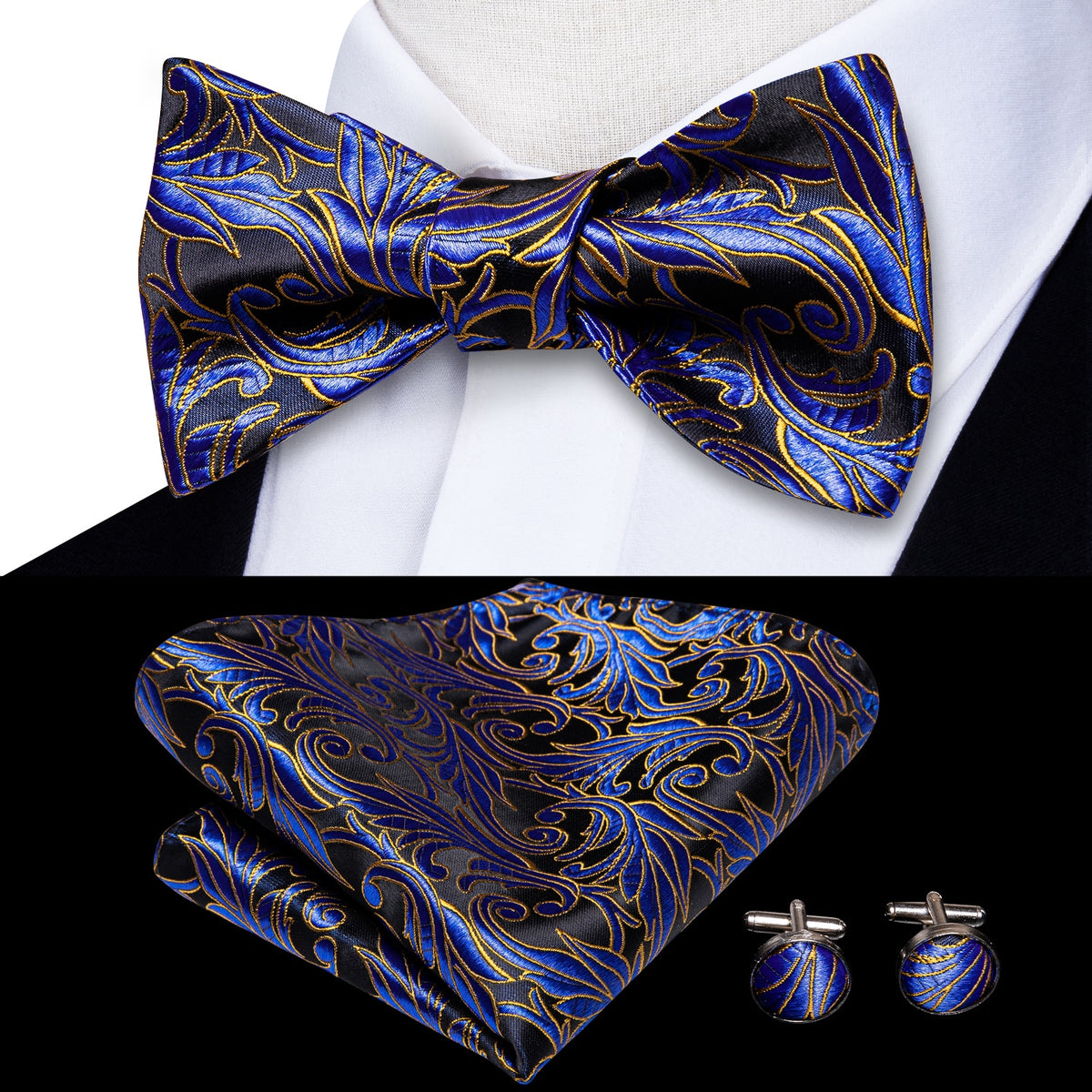Conjunto de gemelos y pañuelo de seda jacquard para hombre con lazo y nudo de mariposa