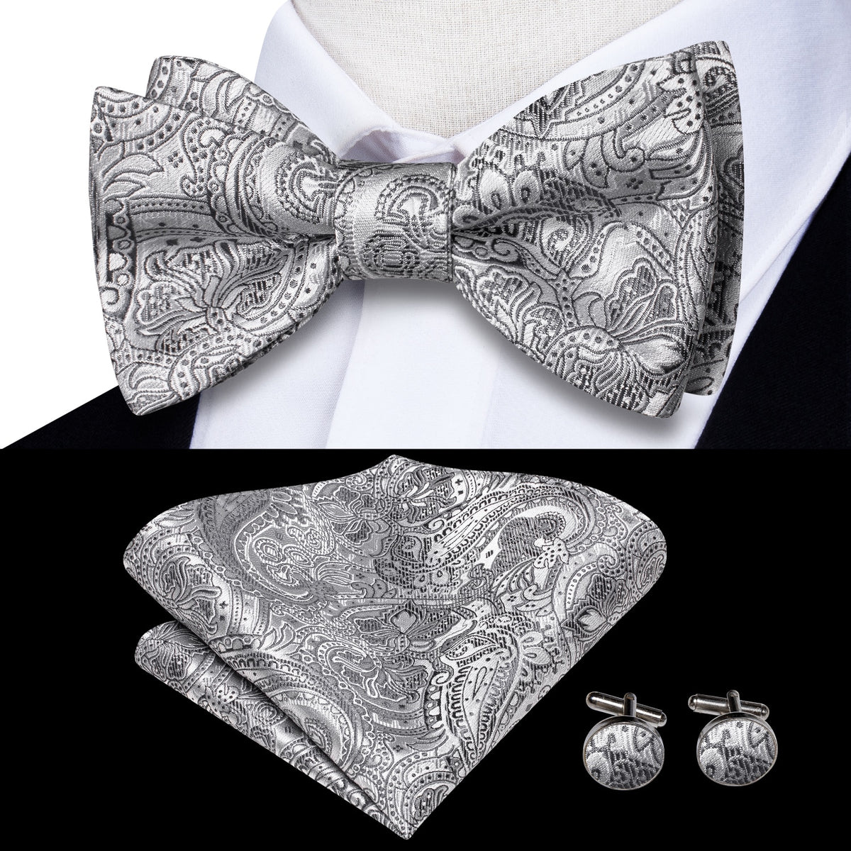 Conjunto de gemelos y pañuelo de seda jacquard para hombre con lazo y nudo de mariposa