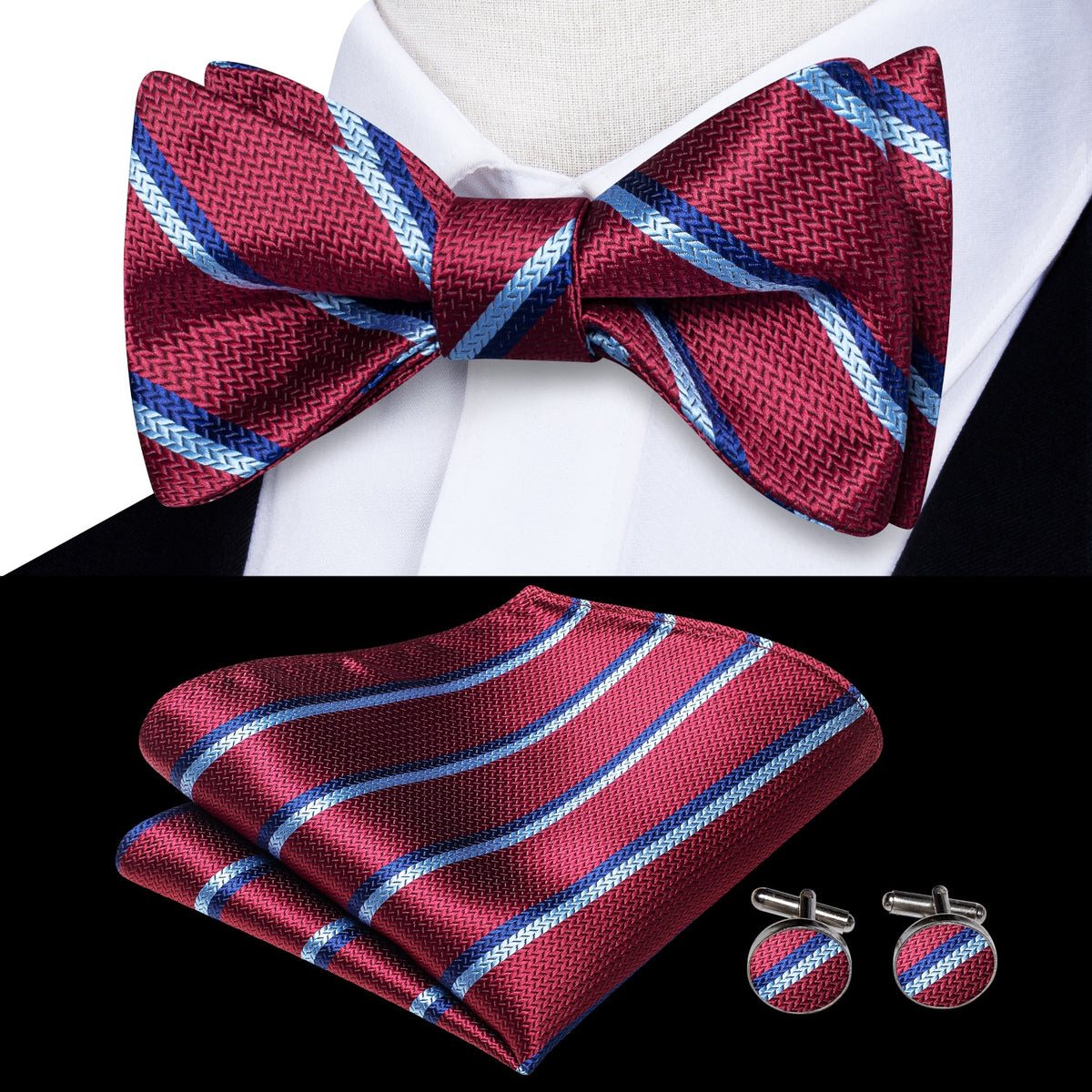 Conjunto de gemelos y pañuelo de seda jacquard para hombre con lazo y nudo de mariposa