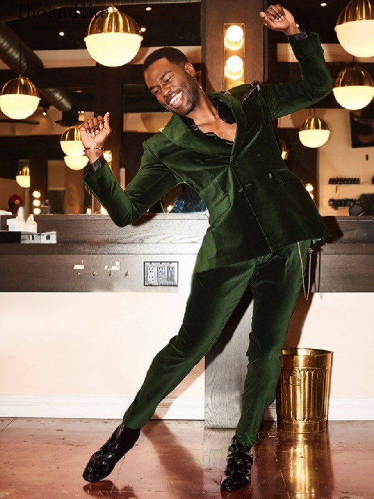 Green Velvet Men Suits Slim Fit 2 Pieces (Tuxedos Jacket+Pants) Wedding Groom Tuxedos Prom Suit Blazer