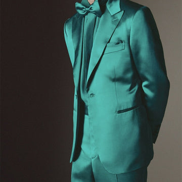 Silk Stain Men Suits 2 Pieces Green Peaked Lapel One Button Jacket Blazer+ Pant Custom Made Party Wedding Prom Tuexdos