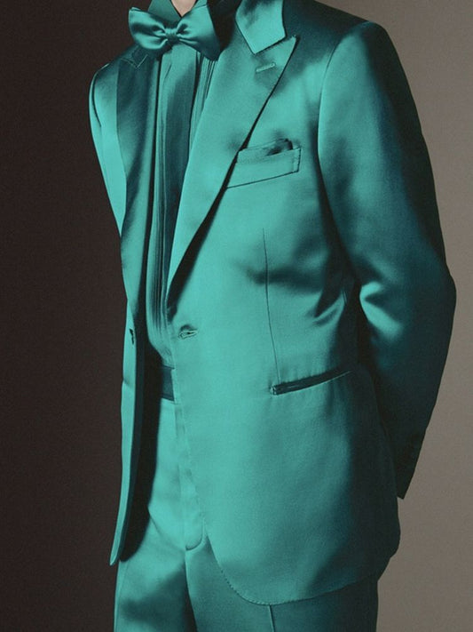 Silk Stain Men Suits 2 Pieces Green Peaked Lapel One Button Jacket Blazer+ Pant Custom Made Party Wedding Prom Tuexdos