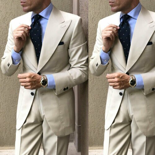 Beige Men Suits Wide Peak Lapel Tuxedo Costume Homme Terno Masculino Slim Fit Blazer 2 Pieces (Jacket+Pants)