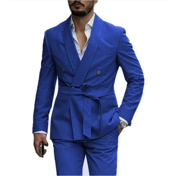 Costume Homme Men Suits With Belt Shawl Lapel Wedding Prom  Slim Fit Groom Blazer 2 Pieces Jacket+Pant