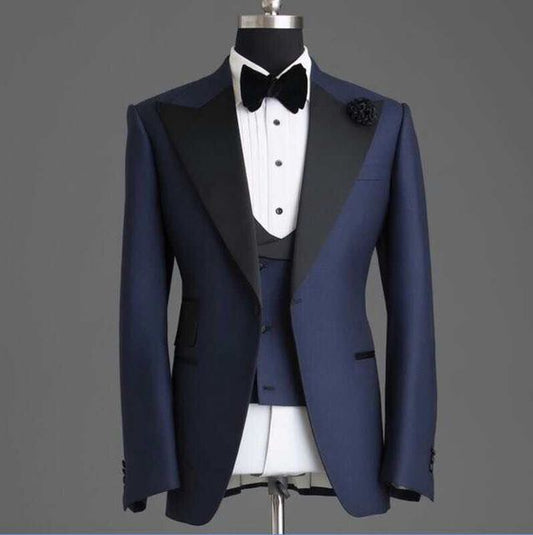 Dark Blue Men Suits Black Lapel Costume Wedding Groom Tuxedos Terno Slim Fit Prom Blazer 3 Pc Jacket+Pant+Vest