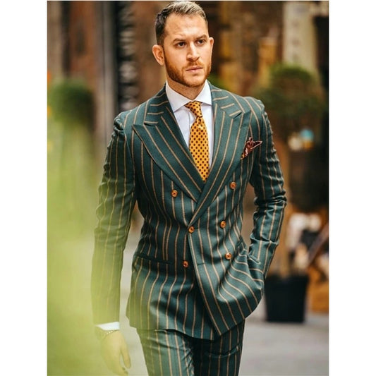 Green Orange Striped Men Suits Double Breasted Slim Fit 2 Pieces Groom Blazer Jacket+Pant