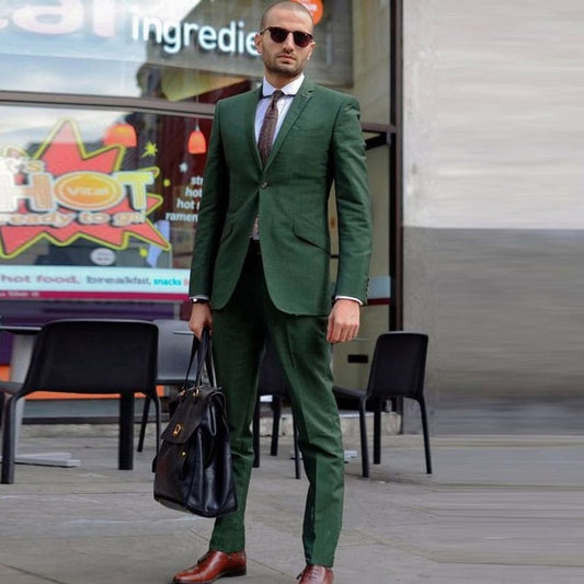 Green Slim Fit Men Tuxedos One Buttons Business Blazer Custom Made Suit Two Pieces Party (Jacket+Pants)