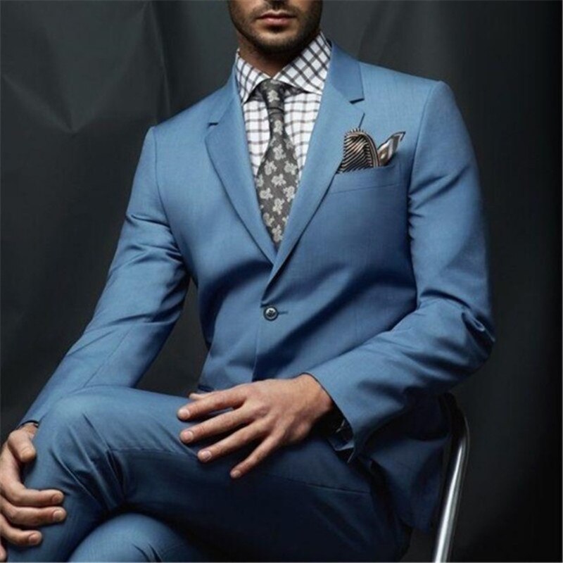 Men's Blue Italian Style 2-Piece Work Wear Suit for Groom Wedding (Jacket, Pants, Tie)