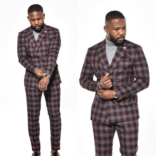 Men Suits Tailor-Made 2 Pieces Blazer Pants Double Breasted Plaid Stripes Tuxedo Slim Wedding Plus Size