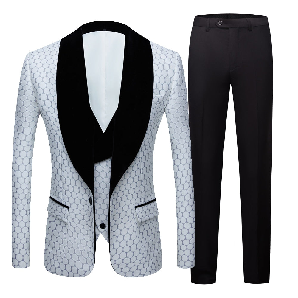 Men's Dot Jacquard Casual Business Suit Formal 3 PCS Set Groom Wedding Black LAPEL SUIT