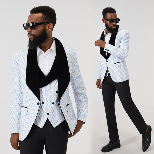 Costume d'affaires décontracté en jacquard à pois pour homme, ensemble formel 3 pièces, costume de mariage noir à revers