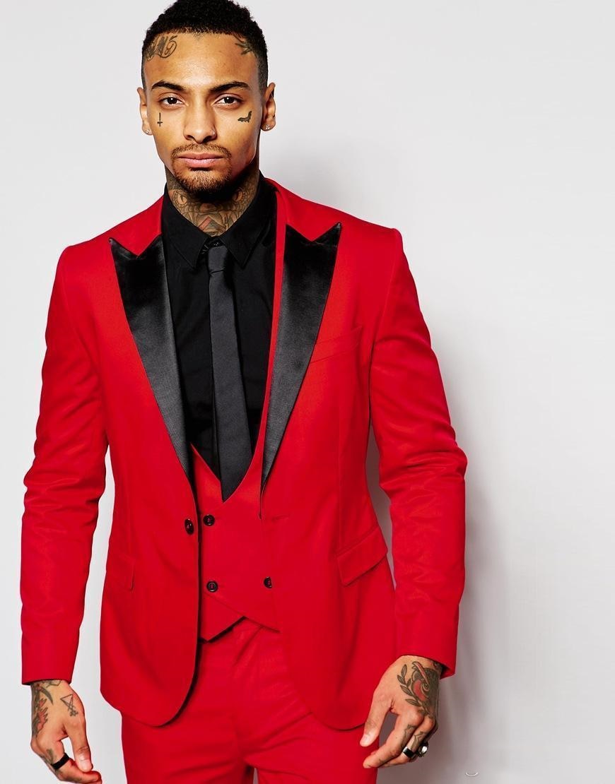 Trajes de hombre rojos con solapa de pico negra, esmoquin de tres piezas para novio, trajes de boda entallados hechos a medida para padrinos de boda, Terno