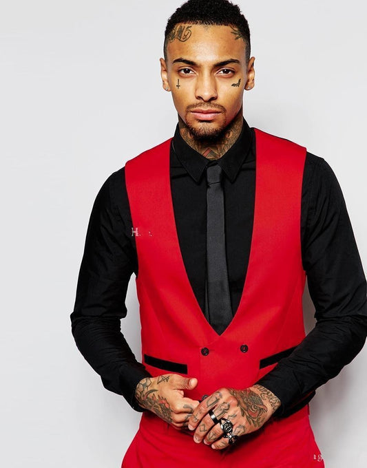 Red Men Suits Black Peaked Lapel Three Pieces Groom Tuxedos Custom Made Slim Fit Groomsmen Wedding Suits Terno