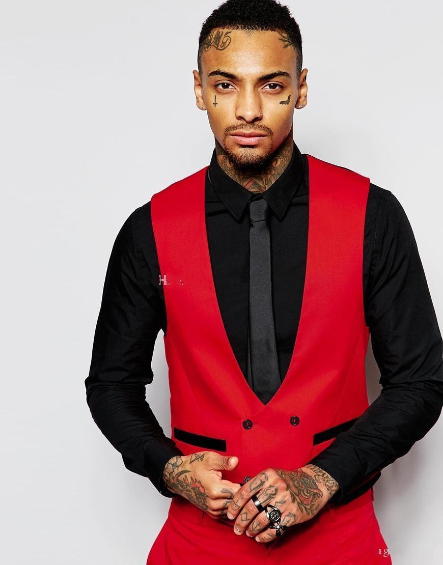 Trajes de hombre rojos con solapa de pico negra, esmoquin de tres piezas para novio, trajes de boda entallados hechos a medida para padrinos de boda, Terno