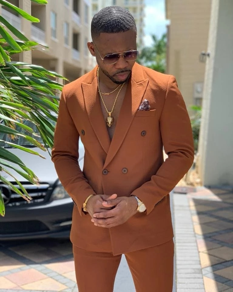 Slim Fit Orange Double Breasted Men Suits Costume Homme Wedding Groom Prom Terno Blazer 2 Pieces Jacket+Pant