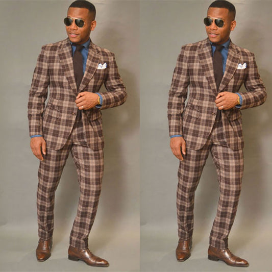 Brown Plaid Men Suit Tailor-Made 2 Pieces Blazer Pants Single Breasted Gentle Wedding Groom Business Causal Prom Tailored