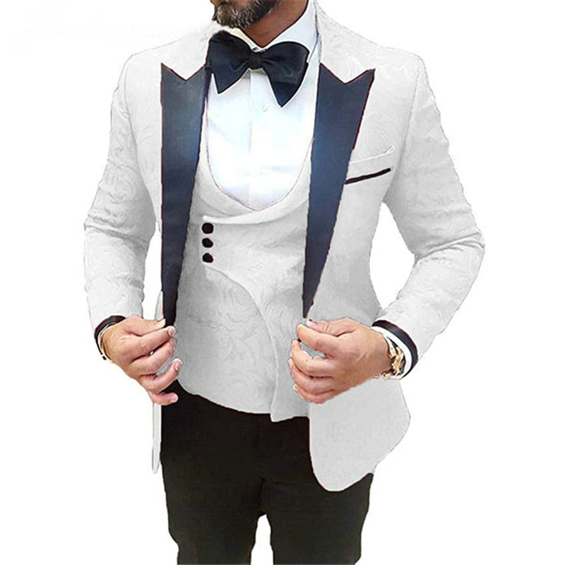 Floral Pattern Wedding Tuxedo for Groomsmen Prom Slim Fit Casual Men Suits with Black Pants Jacket Vest