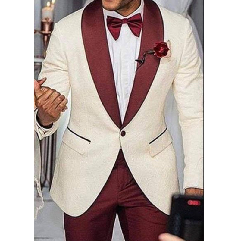 Floral Prom Men SuitS With Shawl Lapel Wedding Groom Tuxedos Slim Fit Blazer (Jacket+Burgundy Pants)