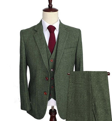 Formal Men's Wool Tweed Suits Lapel Notch Herringbone Tuxedos Blazer Slim Fit Winter Wedding Groom 3 Pieces (Blazer+Vest+Pants)