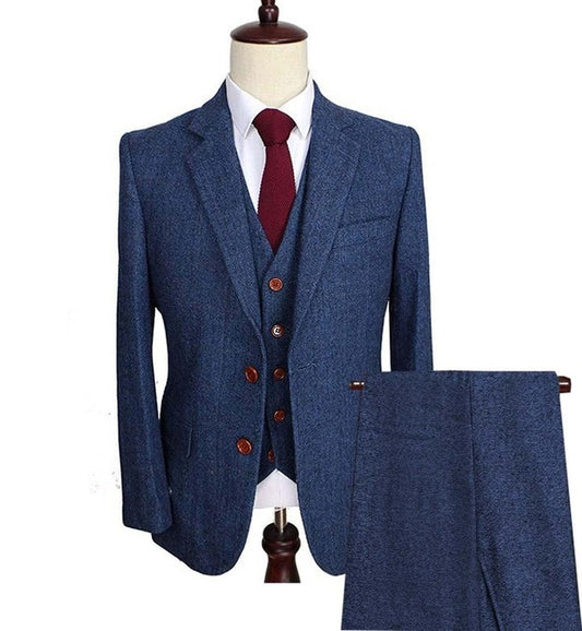 Formal Men's Wool Tweed Suits Lapel Notch Herringbone Tuxedos Blazer Slim Fit Winter Wedding Groom 3 Pieces (Blazer+Vest+Pants)