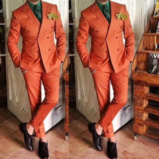 Formal Orange Men Suits Double Breasted Wedding Tuxedos Masculino Groom Casual Dinner Costume Homme Jacket Pants Slim Fit Blazer