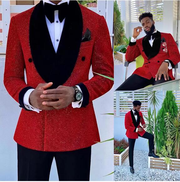 Costume 3 pièces à paillettes rouges pour homme, blazer, smoking, formel, affaires, bal, pantalon, manteau 