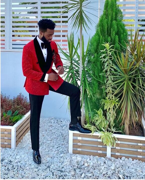 Glitter Red Sequins Men Suits Groom Wear Wedding Blazer Tuxedos Formal Business Prom Pants Coat Jacket 3 Pieces