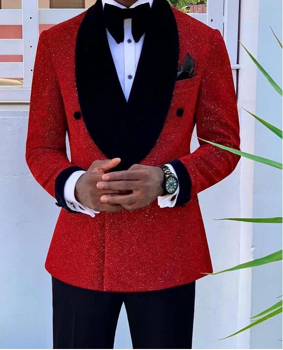 Glitter Red Sequins Men Suits Groom Wear Wedding Blazer Tuxedos Formal Business Prom Pants Coat Jacket 3 Pieces