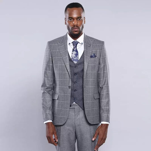 Gray Men Suits Tailor-Made 3 Pieces Blazer Vest Pants Plaid Stripes One Button Peaked Lapel Business Wedding Plus Size Tailored