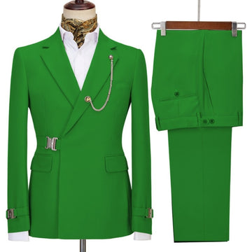 Green Belt Design Double Breasted Men Suits 2 Pieces Coat Pant Design Wedding Suits Groom Prom Tuxedos Blazer Set