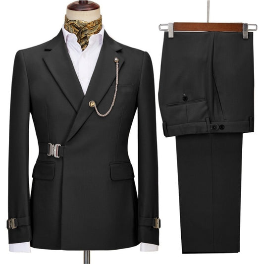 Green Belt Design Double Breasted Men Suits 2 Pieces Coat Pant Design Wedding Suits Groom Prom Tuxedos Blazer Set