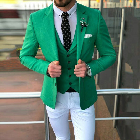 Green Blue Pink Men Suits Slim Fit 3 Piece White Pant Wedding Groom Prom Dress Tuxedo Coat Blazer Costume Homme