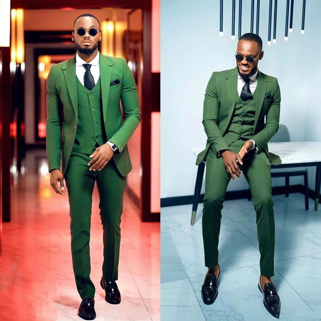 Green Business Casual Wedding Suit For Men Custom Homme Tuxedo Slim Fitted 3 Pieces Blazer Sets Dress(Jacket+Pants+Vest)