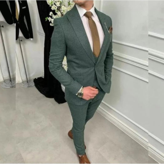 Green Bussines Wedding Tuxedos Tweed Two Button Peaked Lapel Men Suits Formal Wedding Groom Blazer Slim Fit 3 Pieces